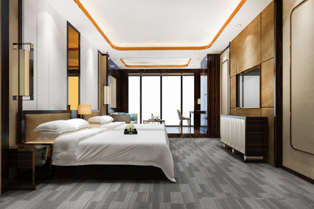 3d rendering luxury bedroom suite in resort  hotel with twin bed and livingの写真素材
