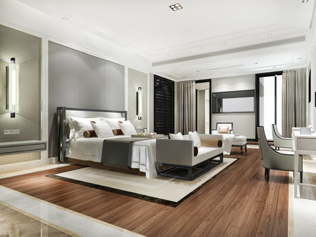 3d rendering beautiful comtemporary luxury bedroom suite in hotel with tv and sofaの写真素材