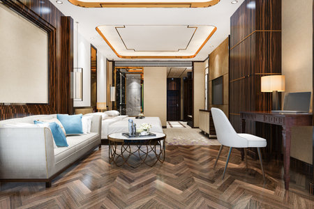 3d rendering beautiful luxury bedroom suite in hotel with tv and working tableの写真素材