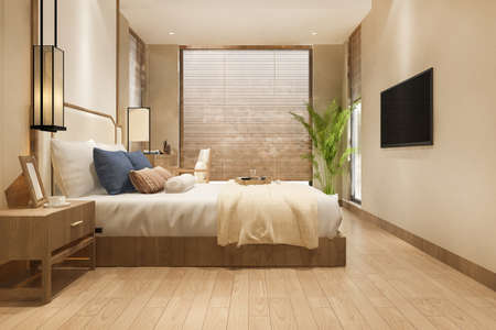 3d rendering beautiful luxury bedroom suite in hotel with tv and working tableの写真素材