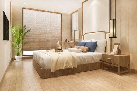 3d rendering beautiful luxury bedroom suite in hotel with tv and working tableの写真素材
