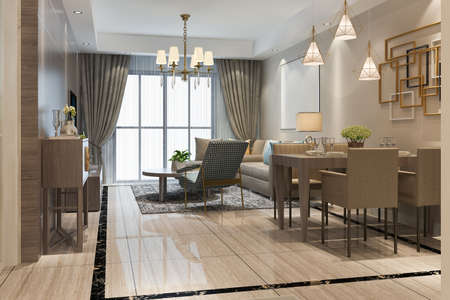 3d rendering loft luxury living room with shelf near dining tableの写真素材
