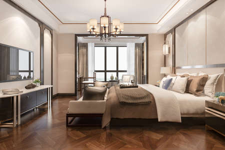 3d rendering beautiful comtemporary luxury bedroom suite in hotel with tvの写真素材