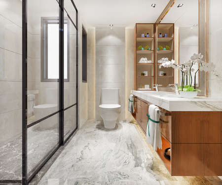 3d rendering modern design and marble tile toilet and bathroom with shelfの写真素材