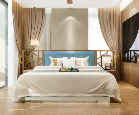 3d rendering vintage minimal bedroom suite in hotel with tvの写真素材