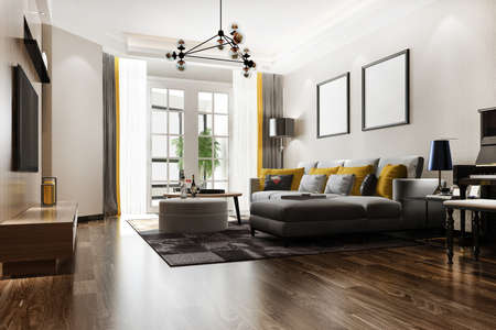 3d rendering loft luxury living room with shelf and pianoの写真素材
