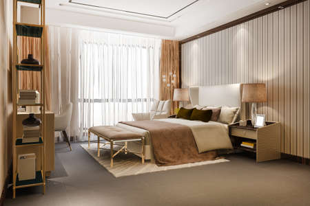 3d rendering beautiful luxury bedroom suite in hotel with tv and shelfの写真素材