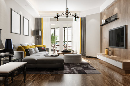 3d rendering loft luxury living room with shelf and pianoの写真素材