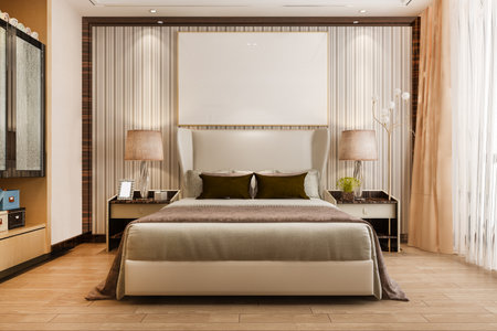3d rendering beautiful luxury bedroom suite in hotel with tv and shelfの写真素材