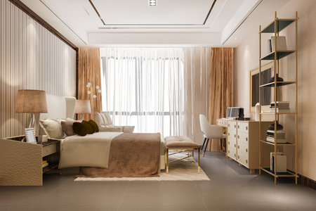 3d rendering beautiful luxury bedroom suite in hotel with tv and shelfの写真素材