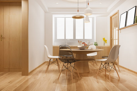 3d rendering dining set in modern scandinavian kitchenの写真素材