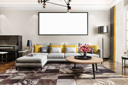 3d rendering loft scandinavian living room with working table and pianoの写真素材