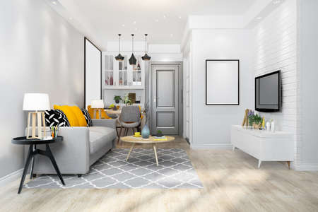 3d rendering loft luxury living room with shelf near dining table counterの写真素材
