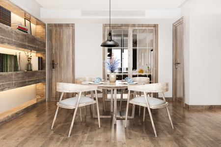 3d rendering modern kitchen with bookshelf and diningの写真素材