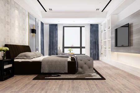 3d rendering beautiful luxury bedroom suite in hotel with tvの写真素材