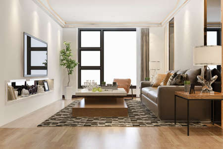 3d rendering loft scandinavian living room with working table and bookshelfの写真素材