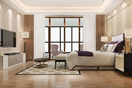 3d rendering beautiful luxury bedroom suite in hotel with tvの写真素材