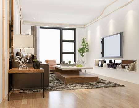 3d rendering loft scandinavian living room with working table and bookshelfの写真素材