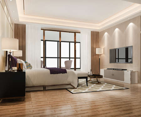3d rendering beautiful luxury bedroom suite in hotel with tvの写真素材
