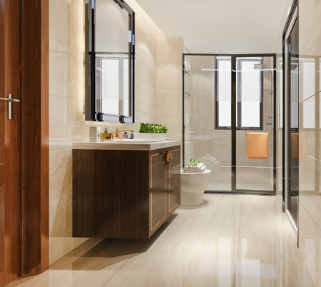 3d rendering modern wood and stone white bathroomの写真素材