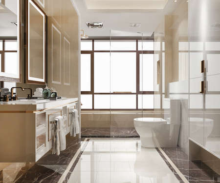 3d rendering modern wood and stone white bathroomの写真素材