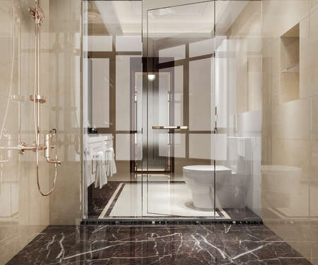 3d rendering modern wood and stone white bathroomの写真素材