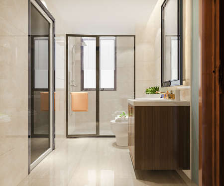 3d rendering modern wood and stone white bathroomの写真素材
