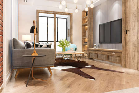 3d rendering loft scandinavian living room with working table and bookshelfの写真素材