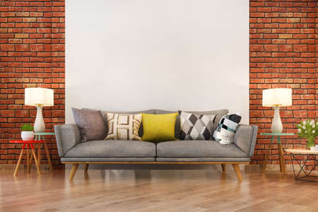 3d rendering retro sofa in minimal living room with brick wall