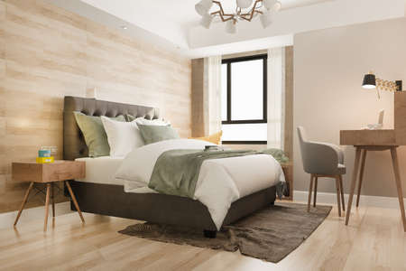 3d rendering beautiful luxury bedroom suite in hotel with working tableの写真素材
