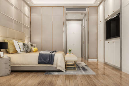 3d rendering beautiful comtemporary luxury bedroom suite in hotel with tvの写真素材