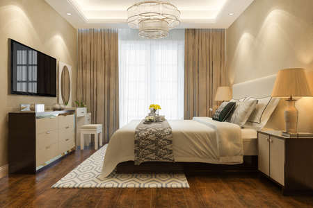 3d rendering beautiful luxury bedroom suite in hotel with tv and chandelierの写真素材