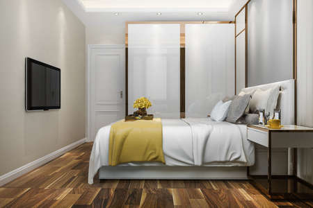 3d rendering luxury modern bedroom suite in hotel with wardrobe and walk in closetの写真素材