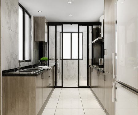 3d rendering white minimal kitchen with wood decorationの写真素材