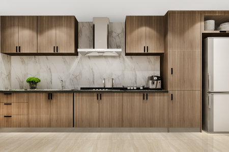 3d rendering white minimal kitchen with wood decorationの写真素材