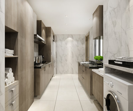3d rendering white minimal kitchen with wood decorationの写真素材
