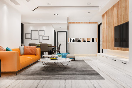 3d rendering luxury and modern yellow living room with sofaの写真素材