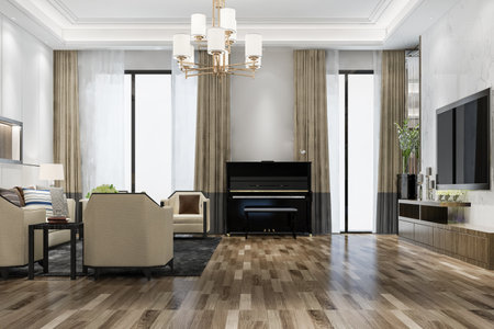 3d rendering classic warm living room with piano and armchairの写真素材