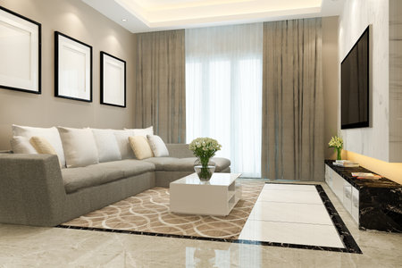 3d rendering luxury and modern living room with leather sofa and lampの写真素材