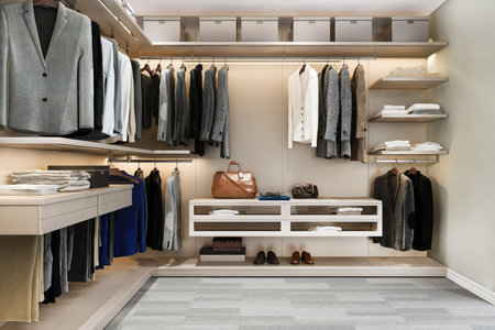 3d rendering minimal scandinavian wood walk in closet with wardrobeの写真素材