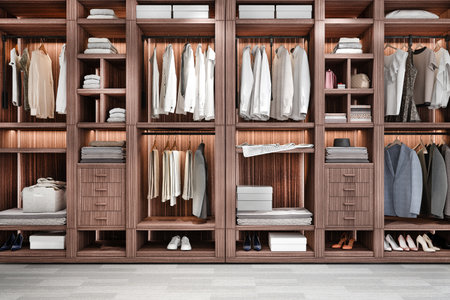 3d rendering minimal scandinavian wood walk in closet with wardrobeの写真素材