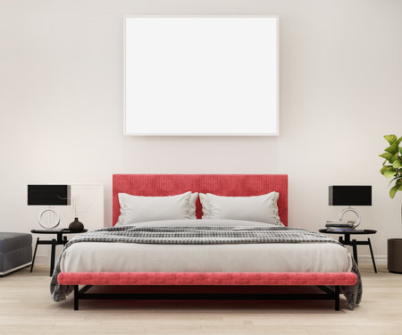 3d rendering vintage minimal mock up bedroom with mock up picture frameの写真素材
