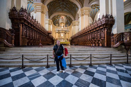 The interior of the Saint Francis Monastery and the  Basilica Cathedral of Lima, otherwise Lima Cathedral, is a Roman Catholic cathedral located in the Plaza Mayor of downtown Lima, Peru.のeditorial素材