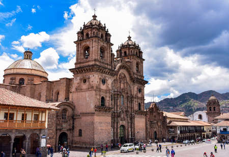 The Catholic Cathedral of Cusco was built in the mid-17th century and stone blocks from the Sacsaywaman monument were used on its wallsの写真素材