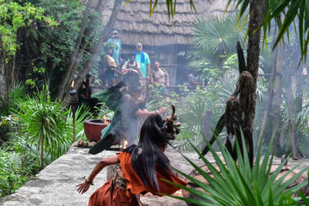 Xcaret Park- Riviera Maya -Mexico- Mayan dancers in the summer theater is a theme park, a resort and an ecotourism development located in the Riviera Maya, a portion of the Caribbean coastのeditorial素材