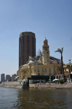 Buildings in the Egyptian capital Cairo view from the Nile the longest river in the world. The most beautiful buildings in Cairo can be seen from boats or yachts floating on the waters of the Old Nileのeditorial素材