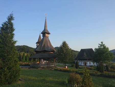 The summer altar where the religious services are held at  Brsana Monastery on the occasion of the patron saint and other events.It is built of wood in the style of the wooden churches of Maramuresの写真素材