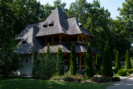 The shop of the Sapanta Maramures monastery. Building on two levels in Maramures style with lacy...