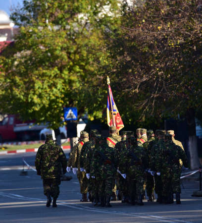 Romania s national day parade in Targu-jiu with soldiers of the Romanian army ground forces equipped...