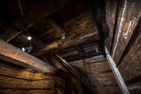 inside the medieval tower from sibiu, the access inside the tower is made on a small door, from here you go up a spiral staircase, which leads to the upper floors.の写真素材